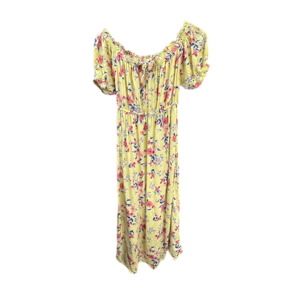 Signify Floral Midi Dress Women Medium Yellow Excellent Puff Sleeve Off Shoulder